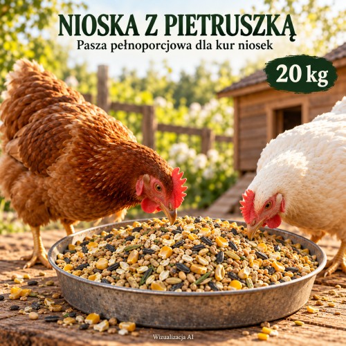 Kurna Chata Nioska z pietruszką 20 kg – kury przy karmie, wizualizacja AI