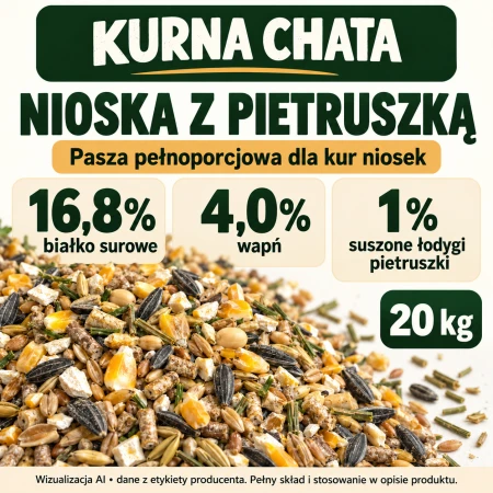 Kurna Chata Nioska z pietruszką 20 kg – składniki analityczne, grafika AI